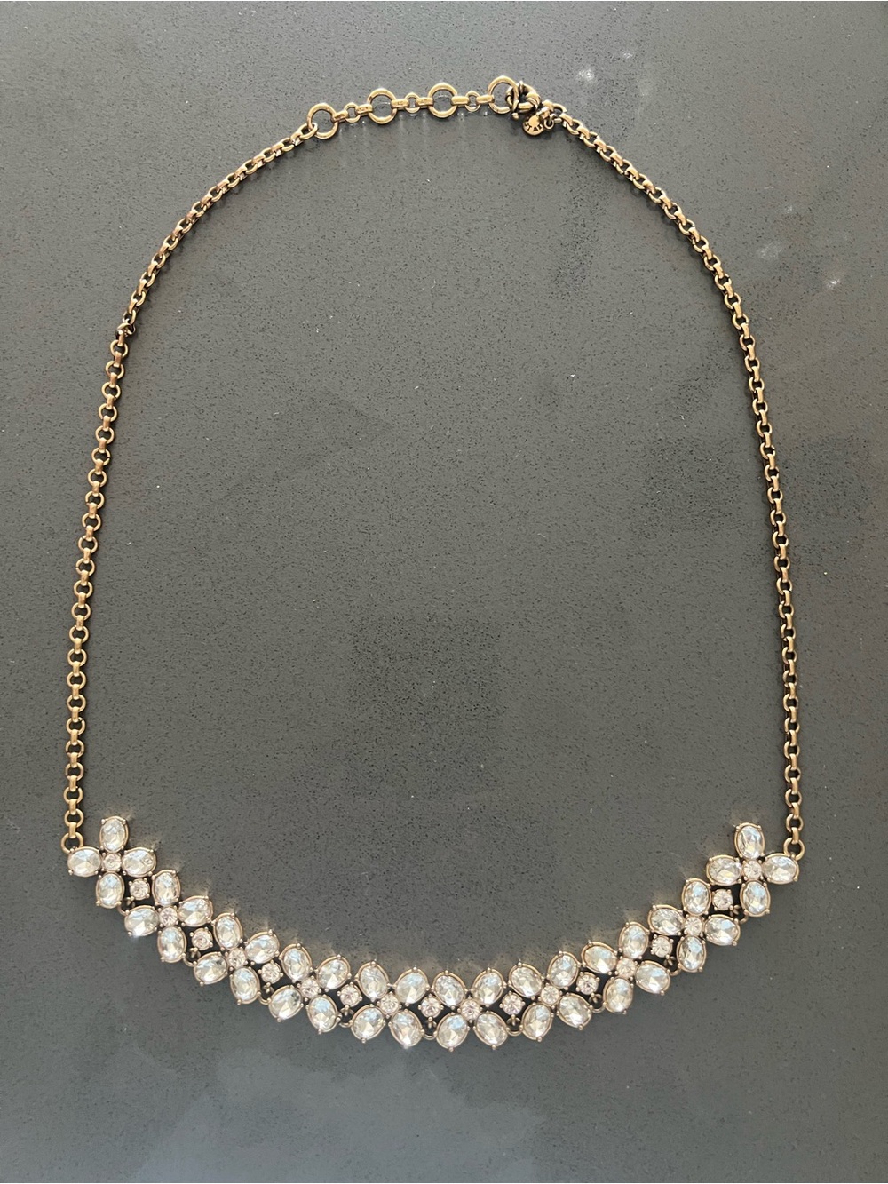 JCREW Clear Crystal Cluster Necklace 
Antique Gold Tone